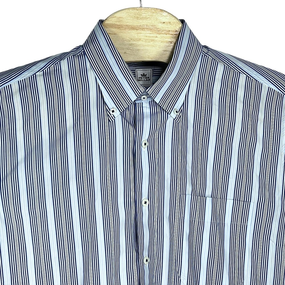 Peter Millar Men Large Cotton Blue Striped Long Sleeve Button Down Shirt **READ